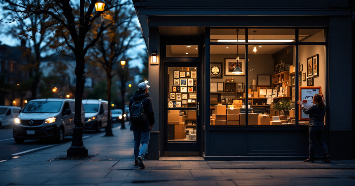 Trusted local storefront with community presence, vehicles, parcels, and orange ribbon accent