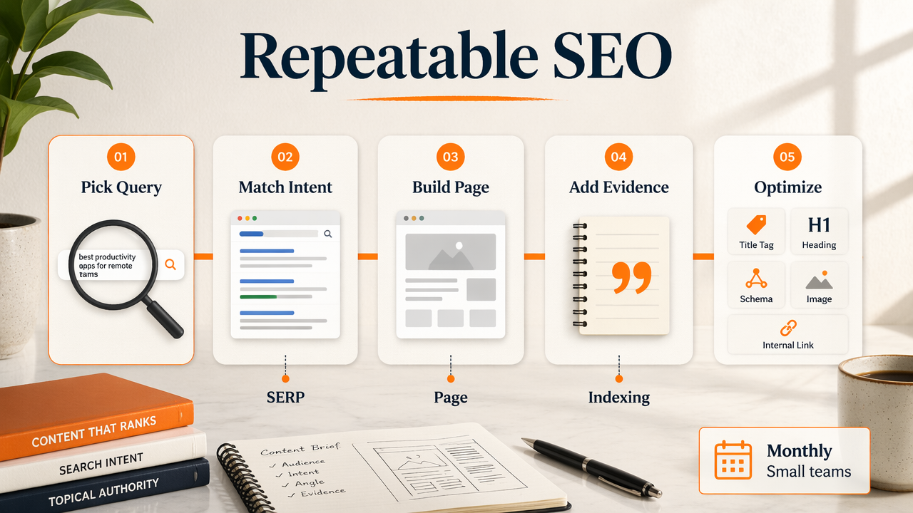 Monthly SEO workflow diagram for ranking pages with query, intent, content, and optimization steps.