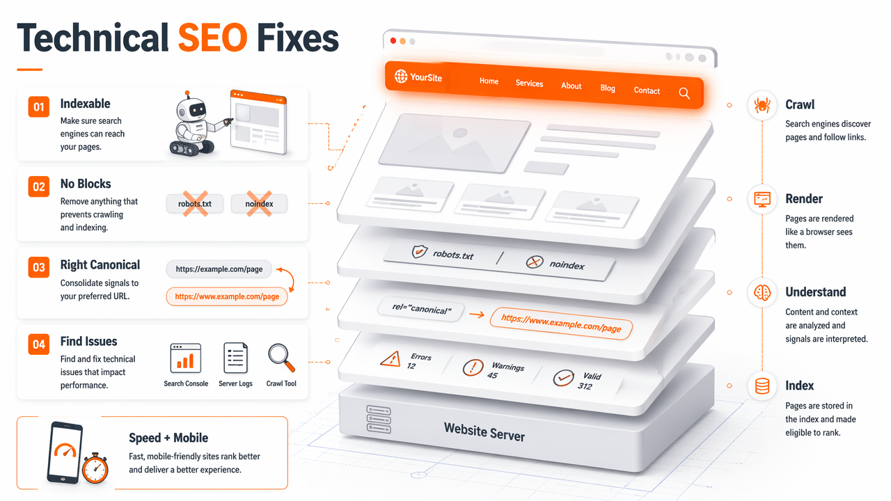 Technical SEO audit diagram showing indexability, canonicalization, crawl tools, and speed improvements.