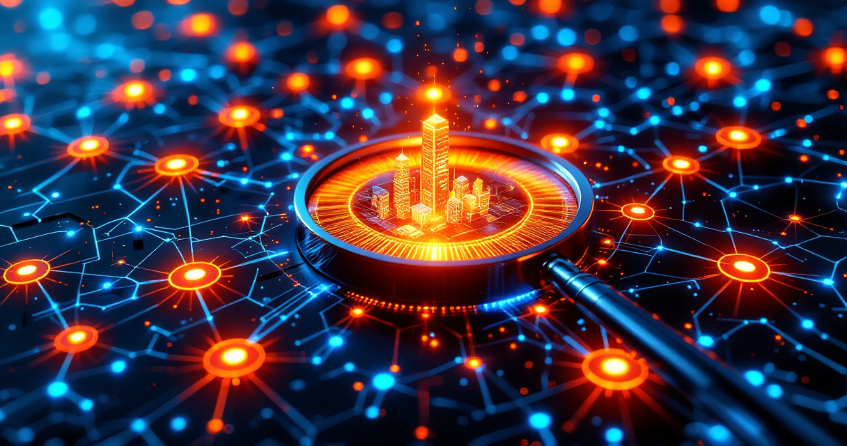 Magnifying lens scanning a glowing website node network to identify pages losing search visibility