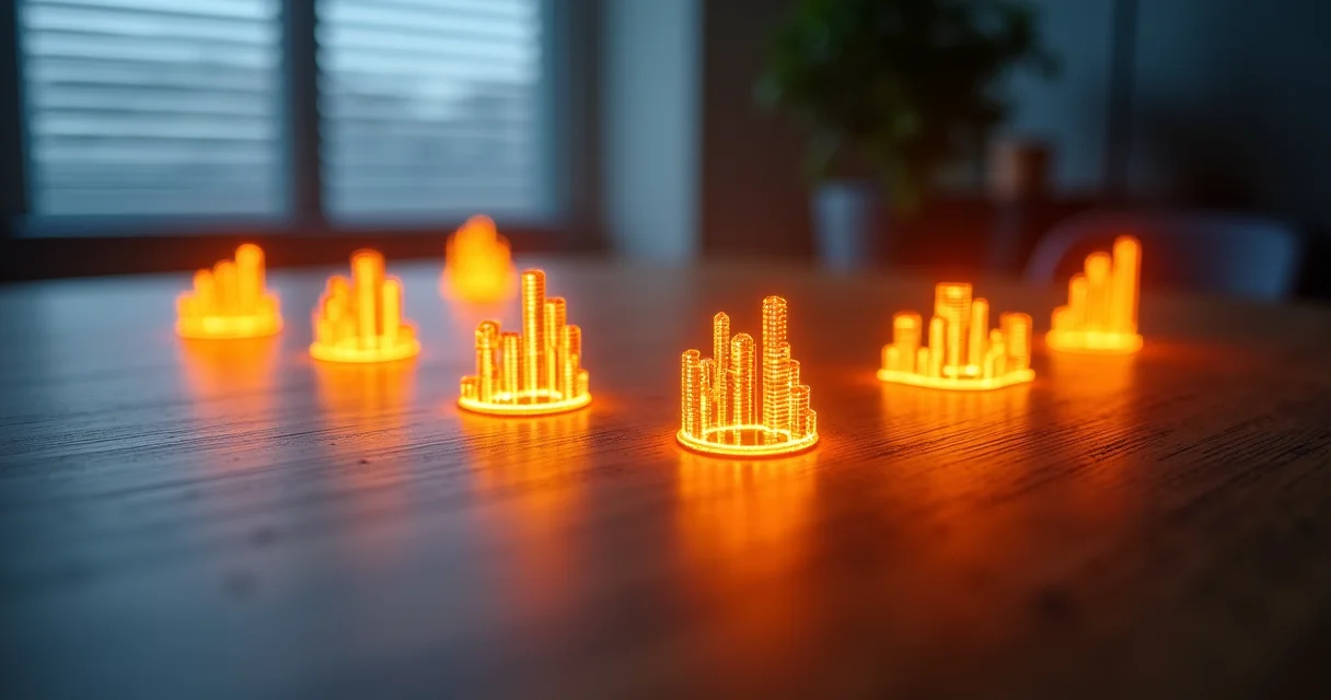 Seven glowing SEO metric indicators floating above minimalist workspace representing key performance measurements to track