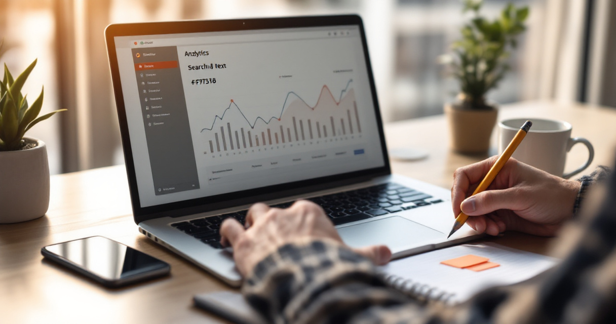 Over-the-shoulder workspace using Google Search Console style data to track SEO progress