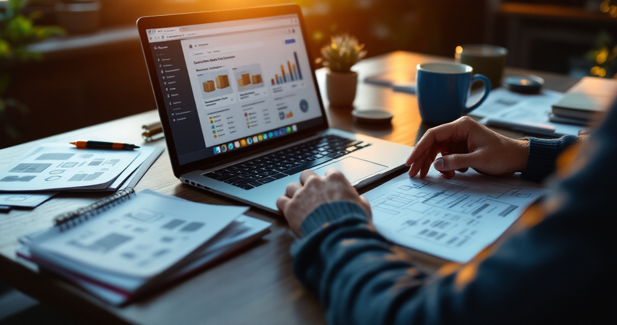 Over-the-shoulder view of founder analyzing search results and competitor signals at a desk