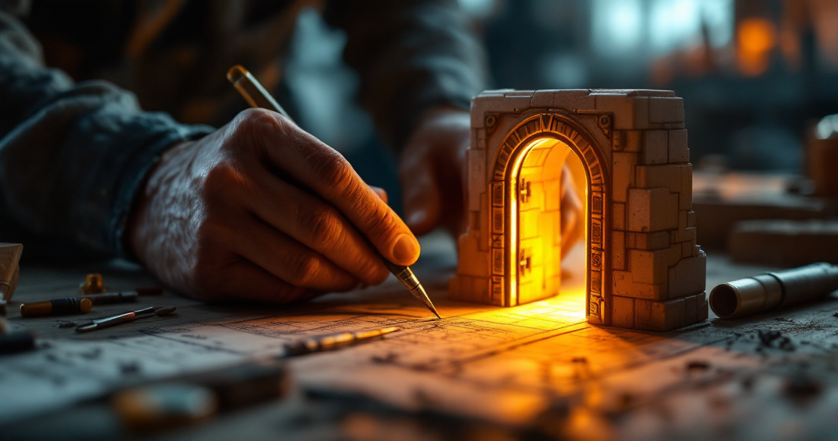 Hands crafting a glowing orange doorway symbolizing compelling meta descriptions that invite clicks