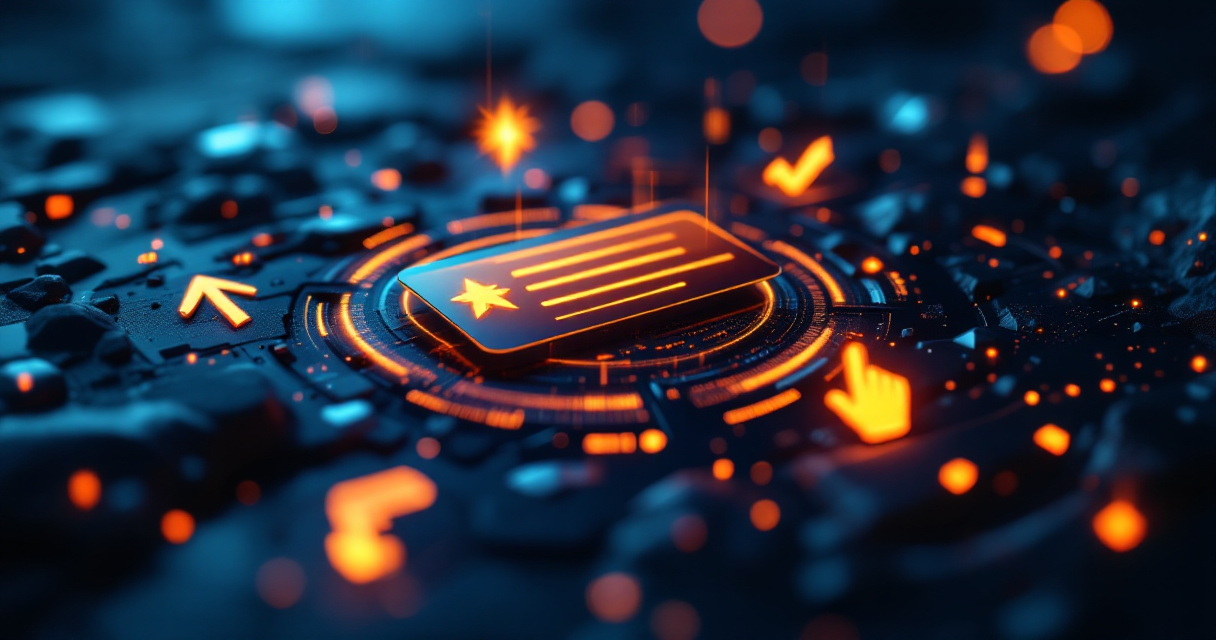 Symbolic search snippet interface with glowing elements representing optimized meta description components attracting clicks