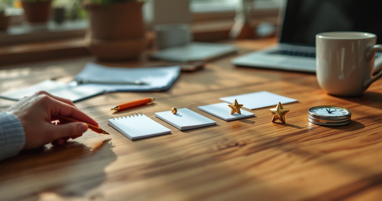 Overhead editorial desk scene illustrating a five-part framework for writing click-worthy meta descriptions