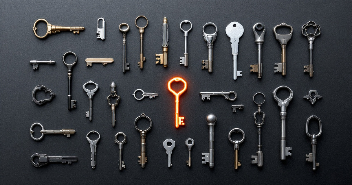 Collection of diverse keys on dark surface representing different meta description templates for various page types