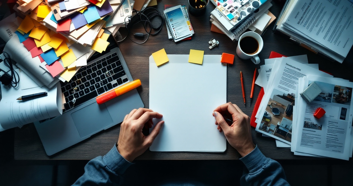 Hands cleaning up a messy SEO workspace to represent fixing meta description mistakes quickly