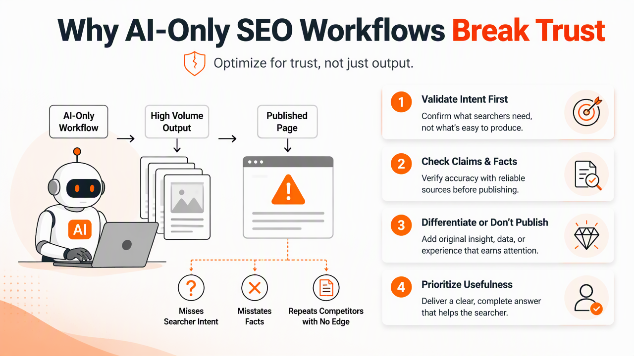 Illustration for Why AI-only SEO workflows break trust