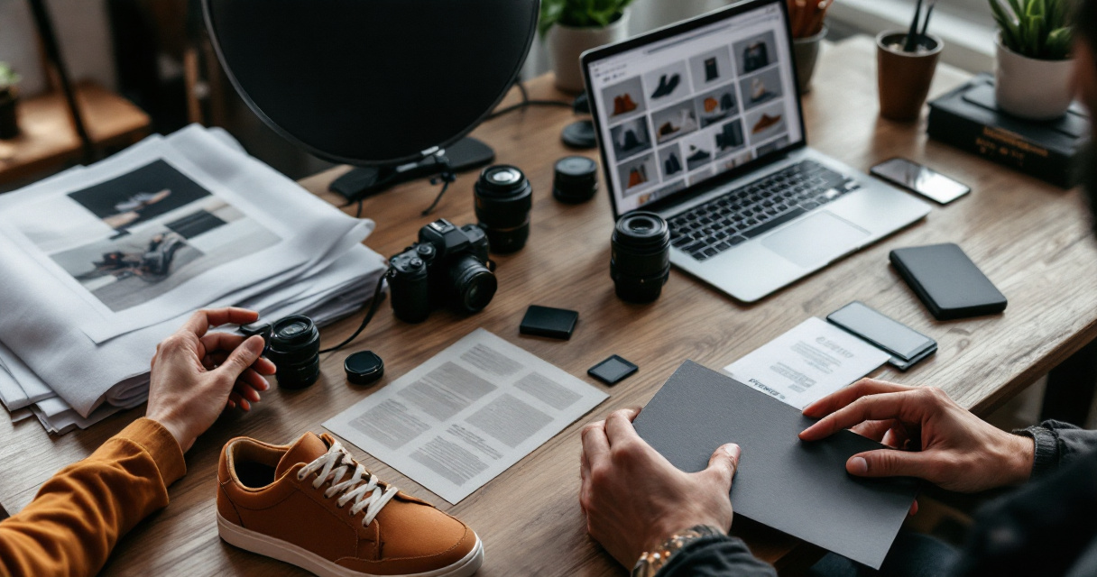 Hands optimizing ecommerce product photos at a studio desk with orange sneaker and editing setup