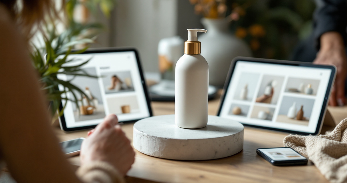 Styled ecommerce product image page setup with orange skincare bottle and multiple device views