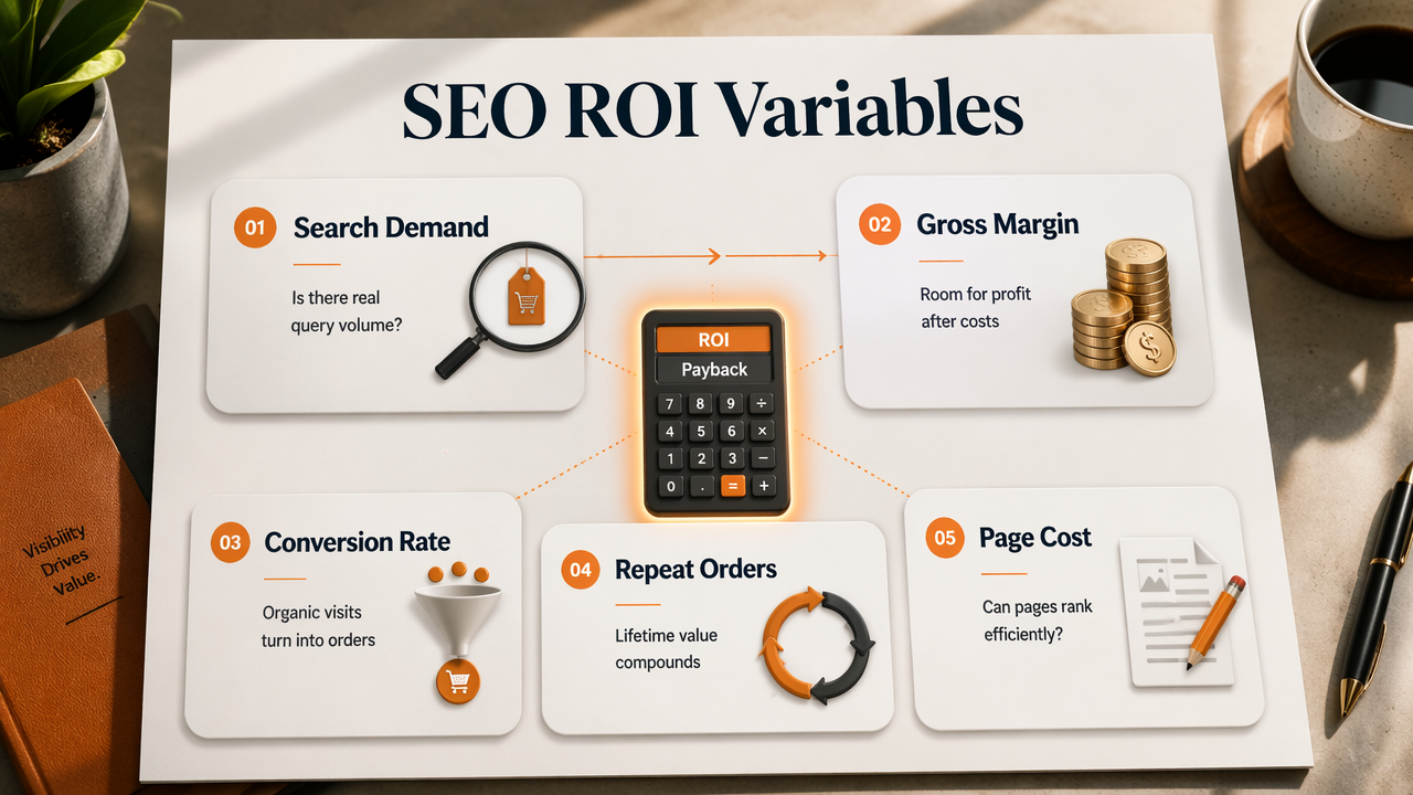 Annotated ecommerce SEO ROI diagram with demand, margin, conversion, repeat orders, and page cost.