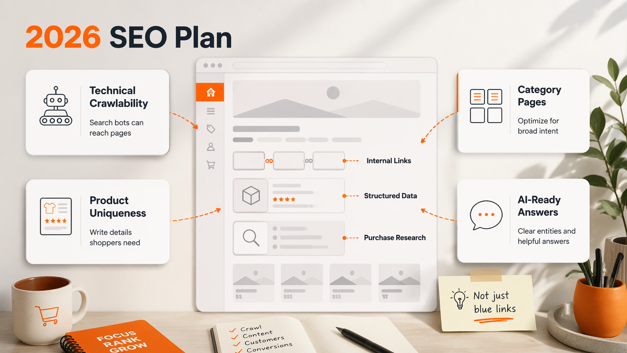Annotated 2026 ecommerce SEO plan showing crawlability, category pages, product uniqueness, and AI-ready answers.