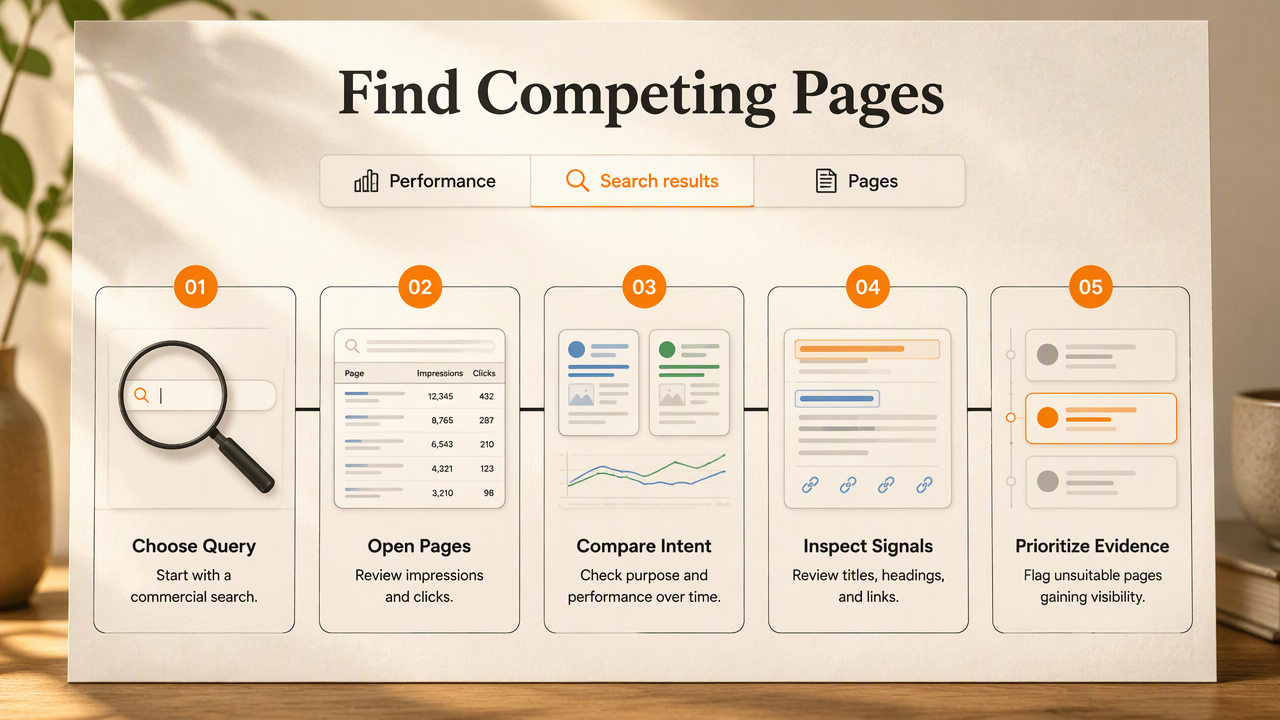 Five-step Google Search Console workflow for finding pages competing for the same query.