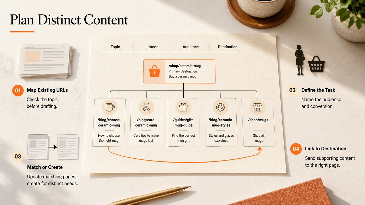 Annotated content map showing how to distinguish page intent and link supporting articles to a commercial destination.