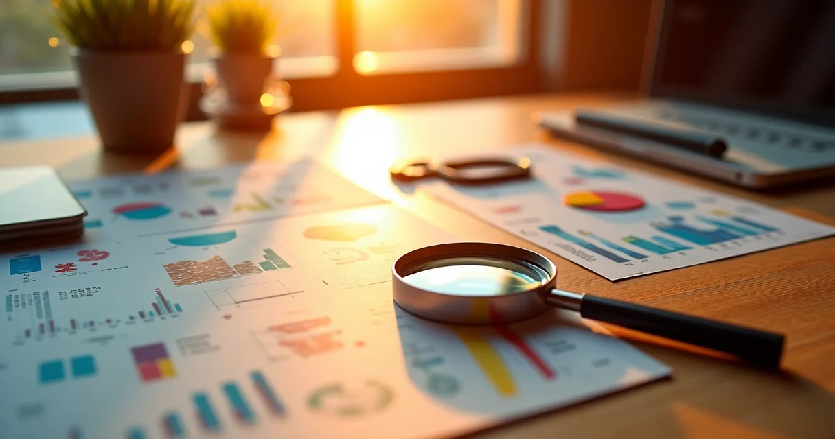 Magnifying glass over colorful keyword data cards on wooden desk with warm lighting representing keyword research tools discovery