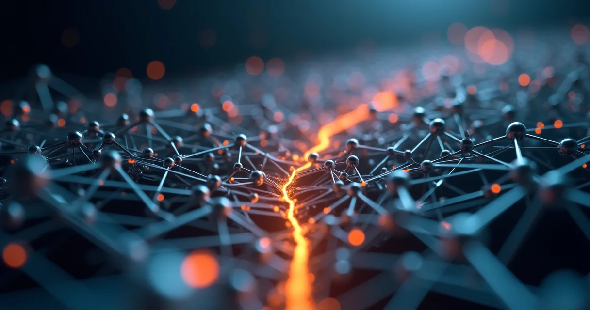 Glowing orange thread finding pathway through complex network nodes representing long-tail keyword opportunities in SEO