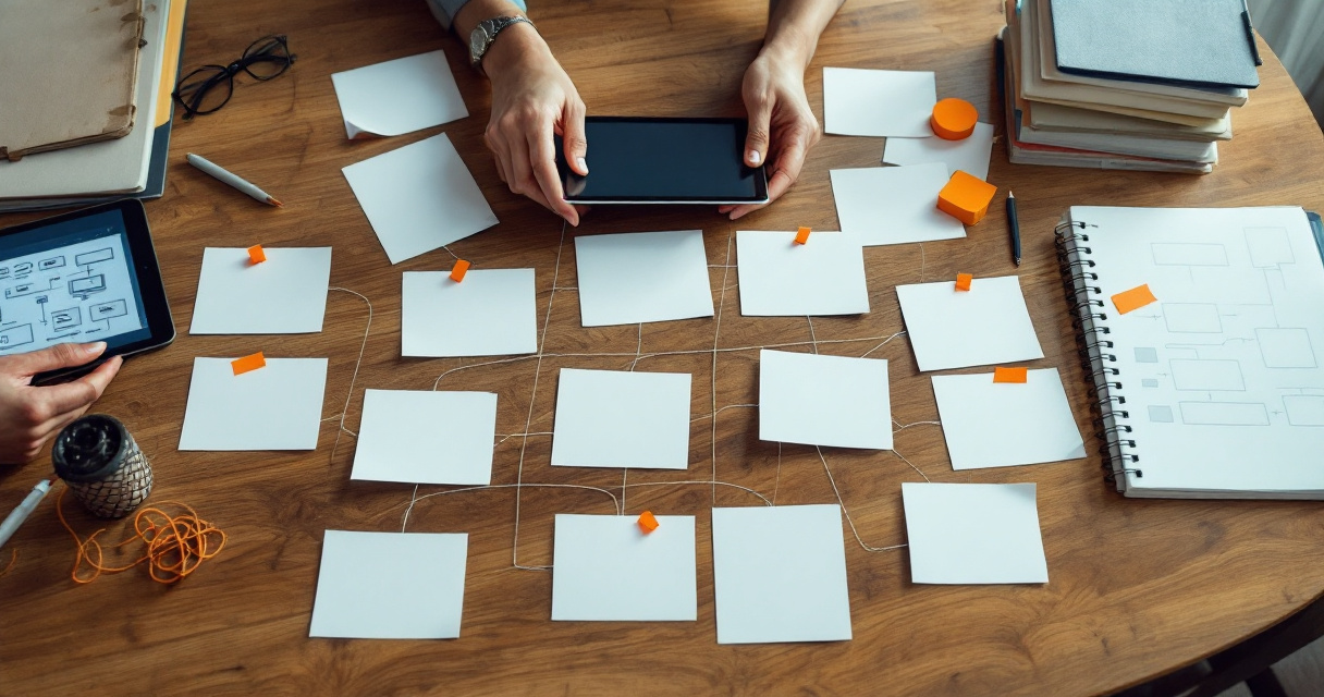 Hands organizing topic clusters, page planning, and internal linking on a tabletop layout