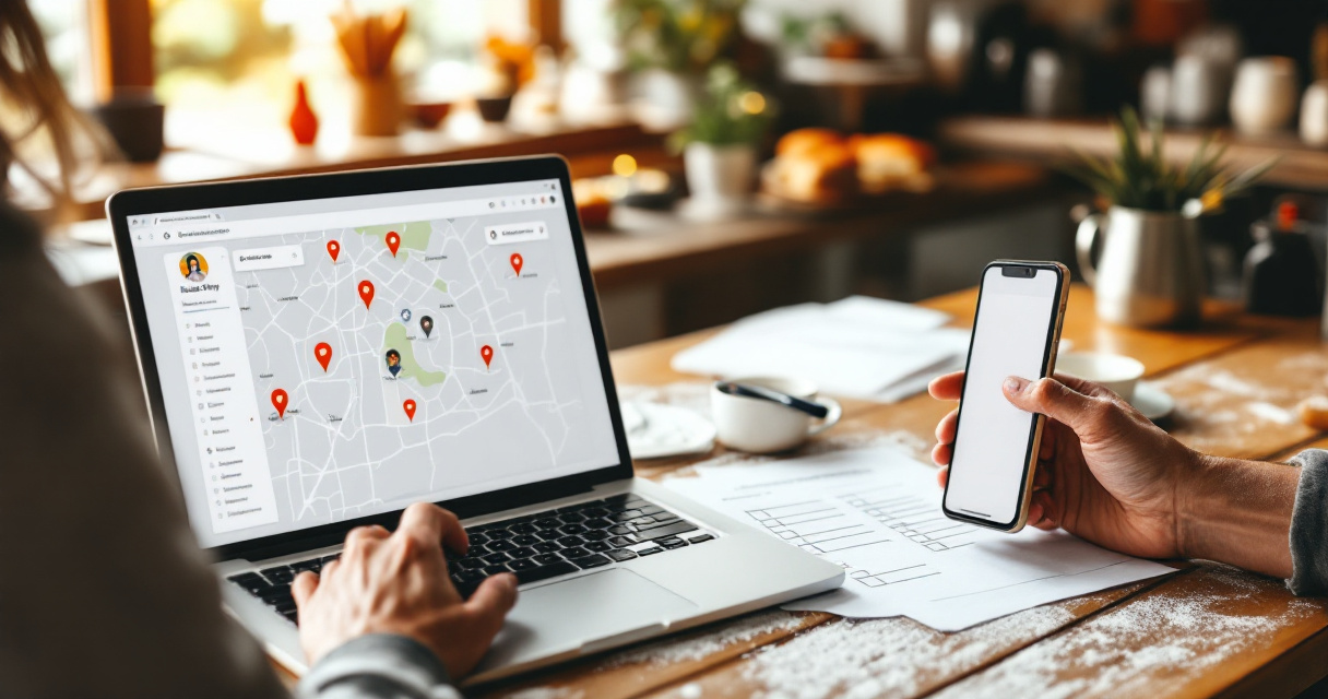 Small business owner auditing local SEO visibility with maps, checklist, and orange highlighter