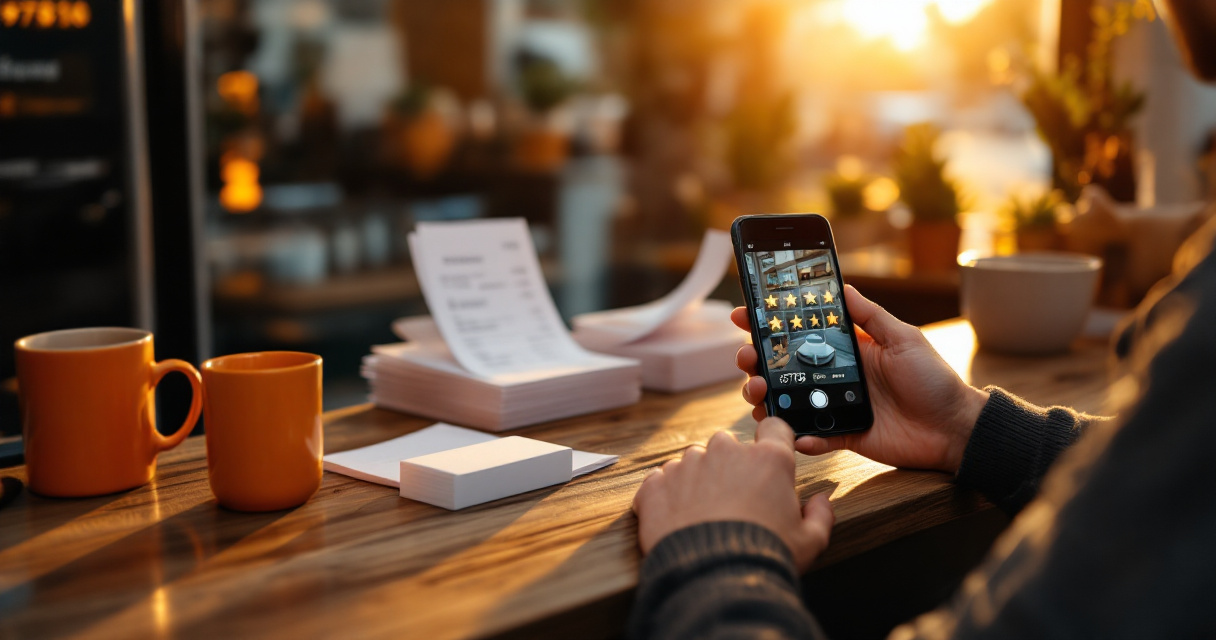 Small business owner managing citations and customer reviews from a shop counter