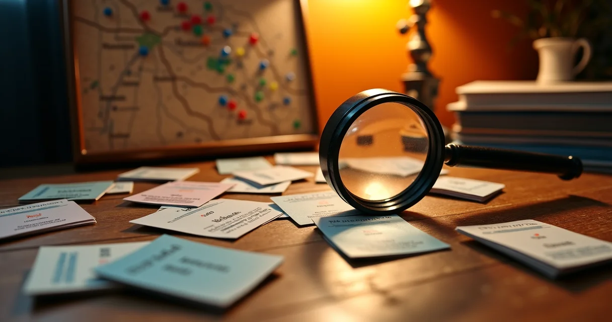 Business cards and magnifying glass on desk with local map pins representing free business directory citations for local SEO