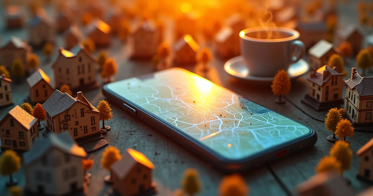 Smartphone with map surrounded by miniature neighborhood diorama representing local website search optimization