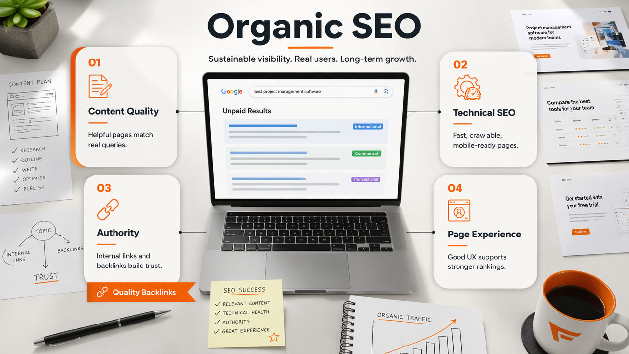 Annotated infographic explaining organic SEO factors and unpaid search visibility.