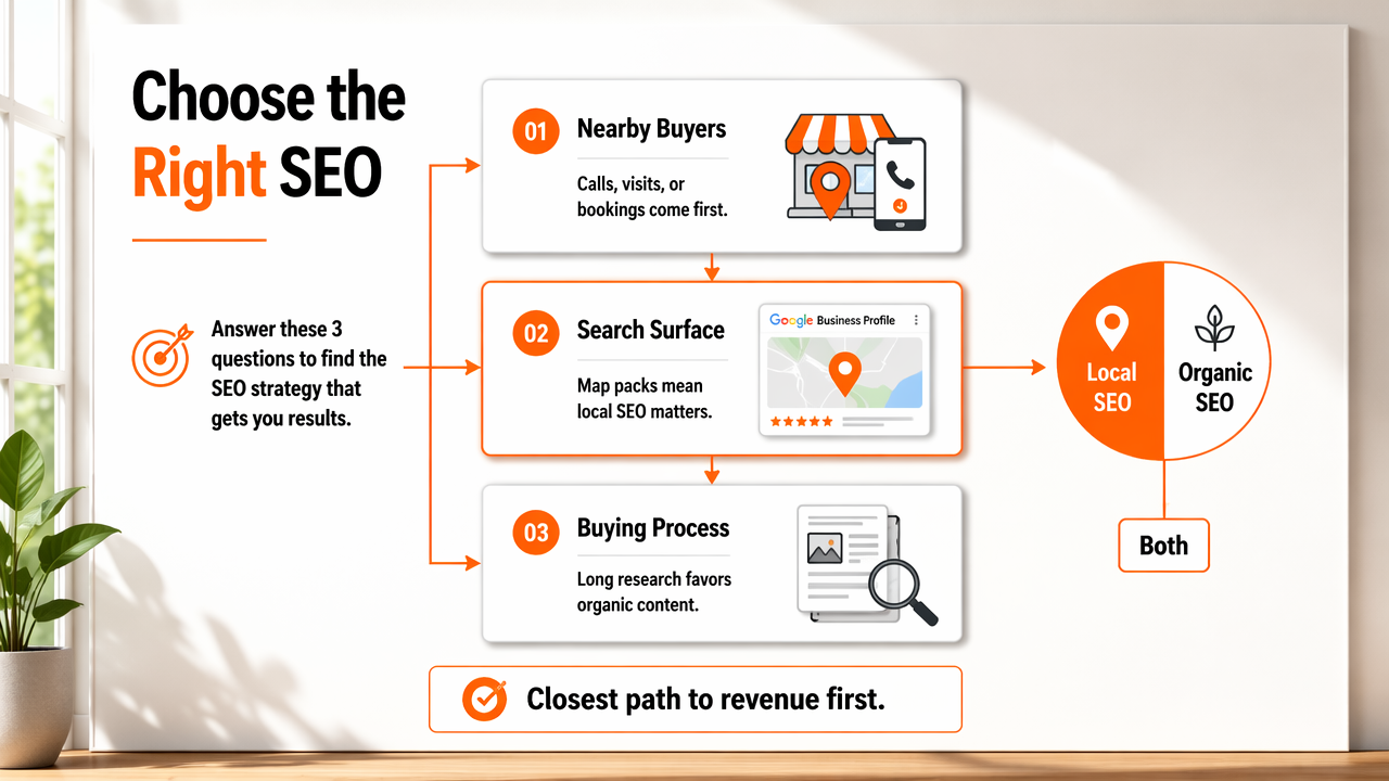 Decision-tree infographic for choosing between local SEO and organic SEO.
