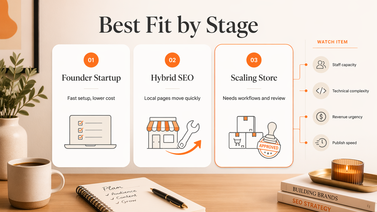 Comparison of managed SEO, hybrid SEO, and software by business stage.