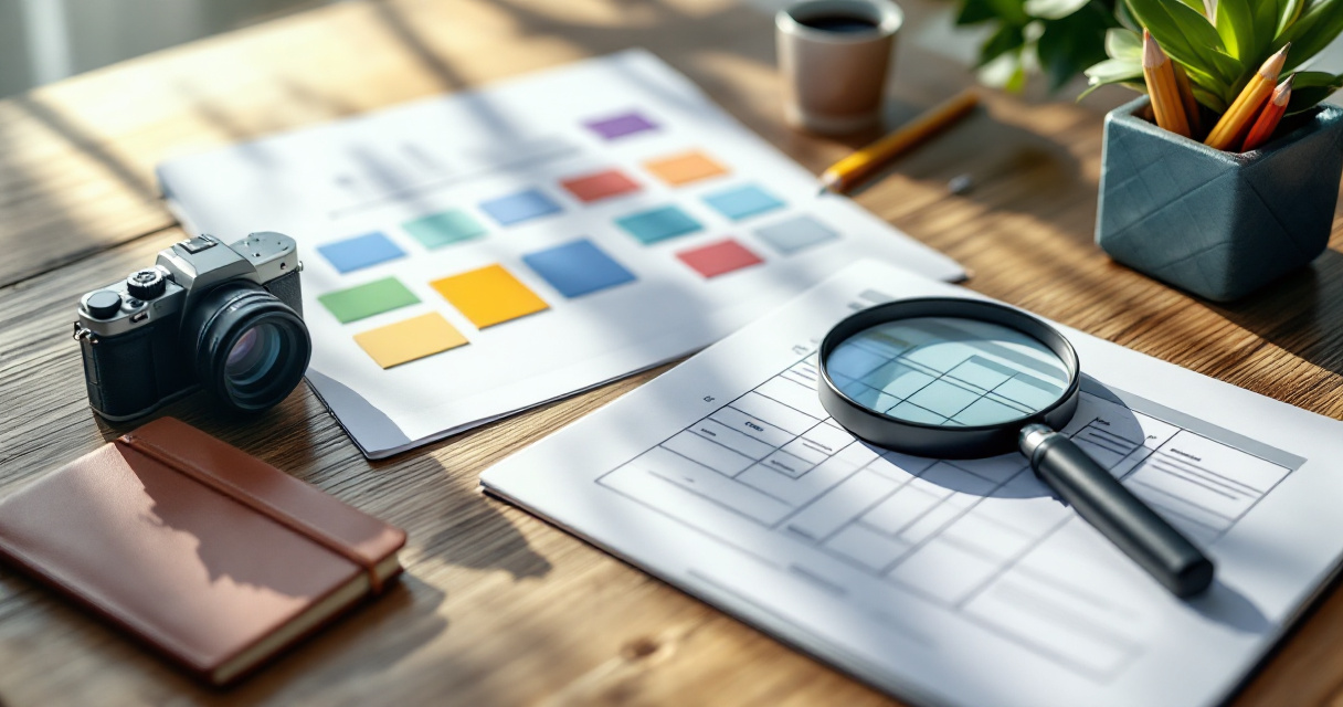 Desk scene showing content strategy, marketing assets, and search planning objects