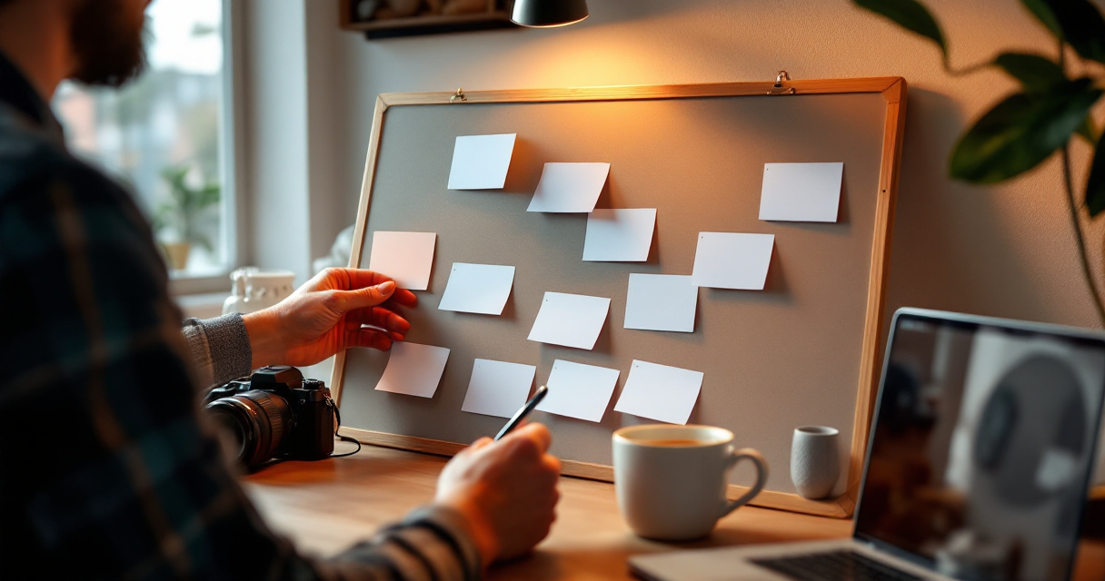 Small team content workflow with blank planning cards, laptop, camera, and collaboration tools