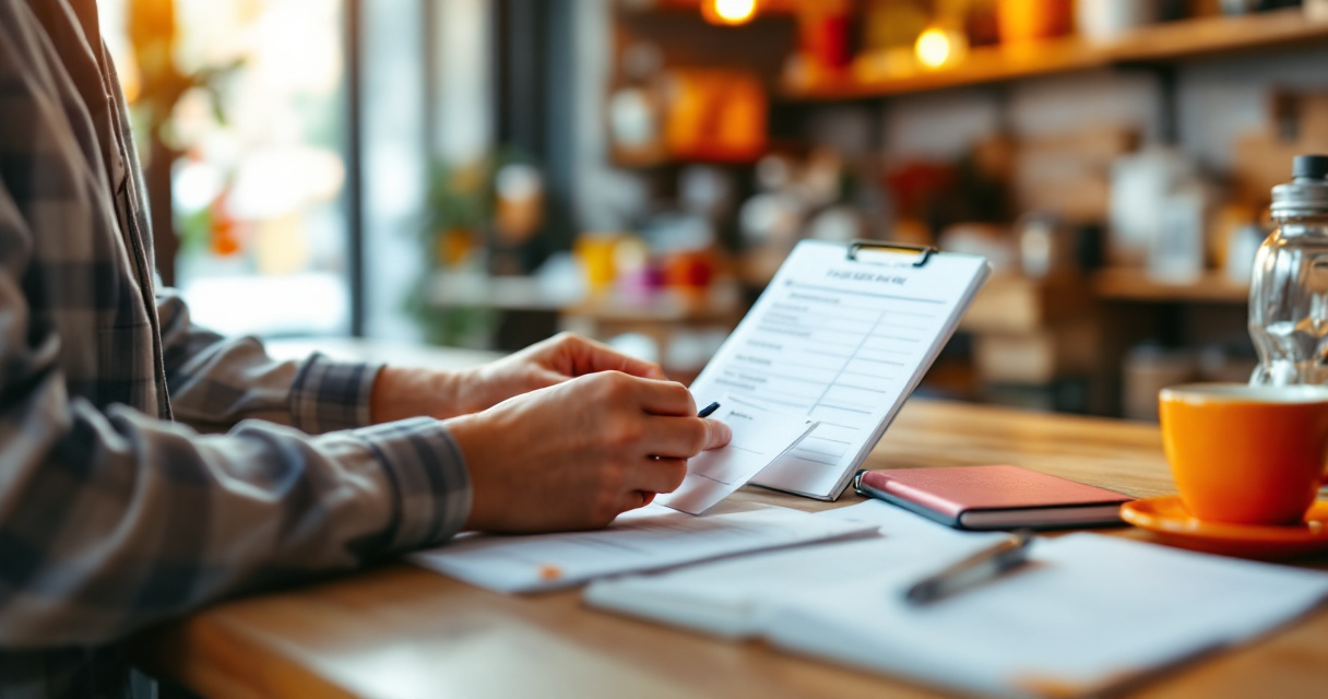 Small business owner researching customers with blank feedback cards and an orange notebook