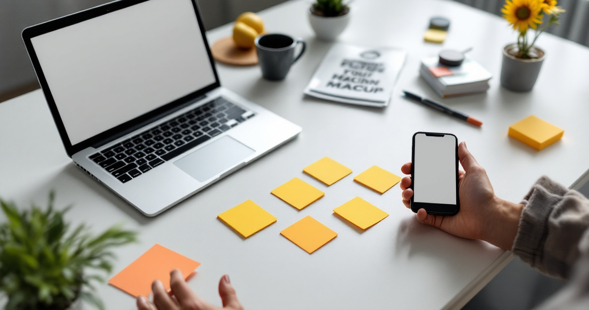 Beginner choosing marketing channels with blank notes and small business tools
