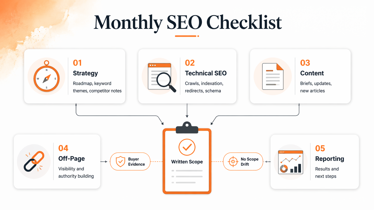 Editorial infographic showing monthly SEO checklist deliverables with strategy, technical, content, off-page, and reporting.