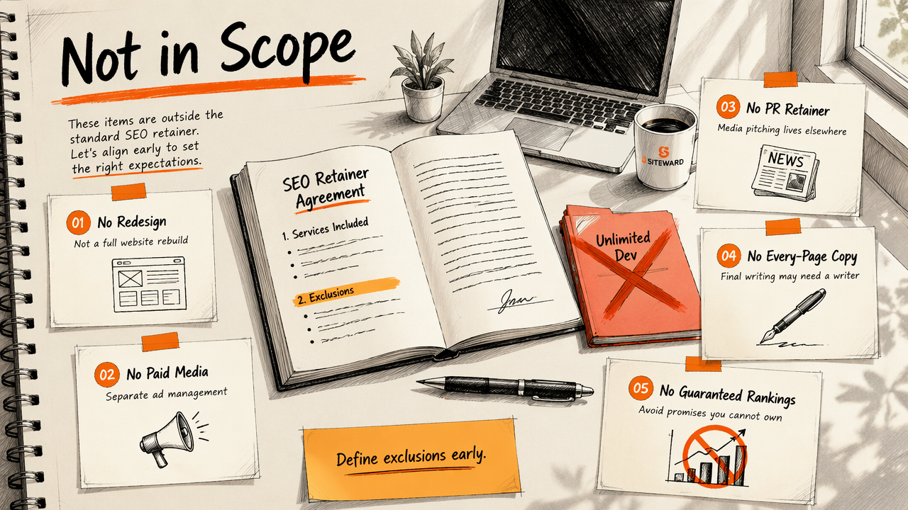Annotated diagram of SEO retainer exclusions showing redesign, paid media, PR, full copywriting, and guaranteed rankings not included.