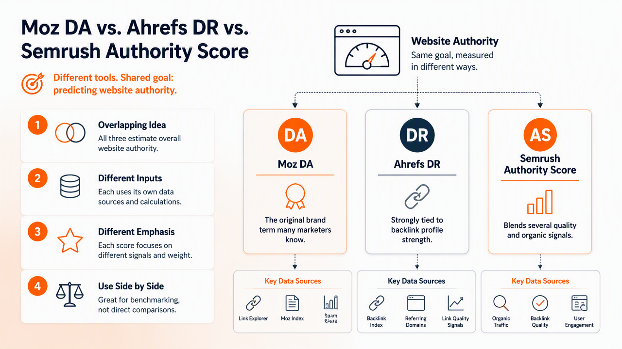 Illustration for How do Moz DA, Ahrefs DR, and Semrush Authority Score differ?