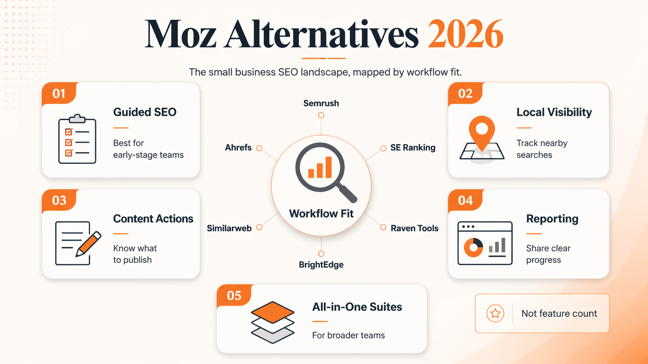 Editorial infographic comparing Moz alternatives for small business SEO in 2026