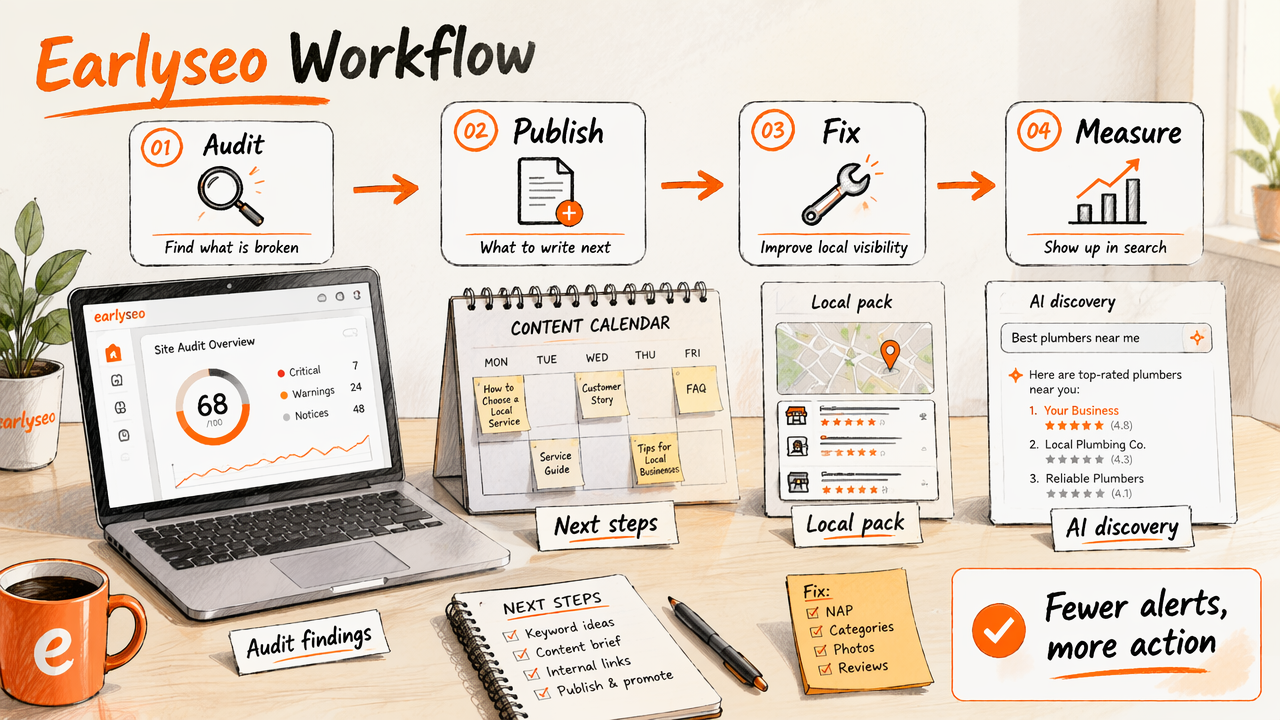 Annotated Earlyseo workflow diagram for small business SEO execution