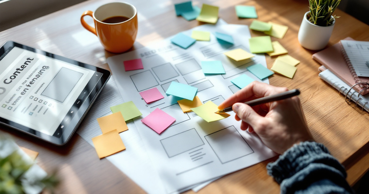 SEO planning desk with checklist layout, webpage mockup, and orange workflow accents
