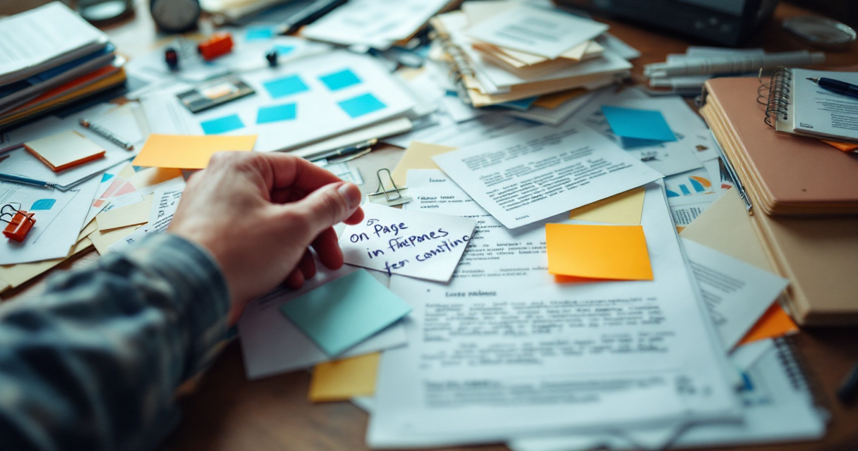 Cluttered SEO workspace illustrating checklist mistakes and broken content organization