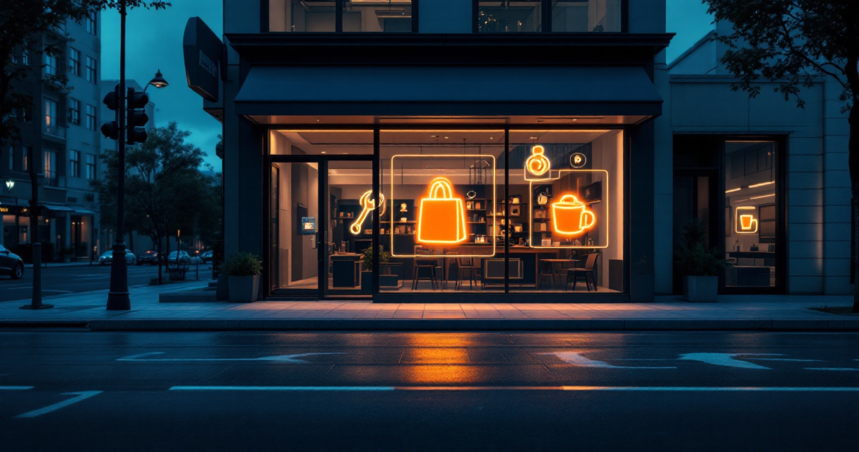 Local business storefront highlighting one glowing category icon representing optimized Google Business Profile category selection