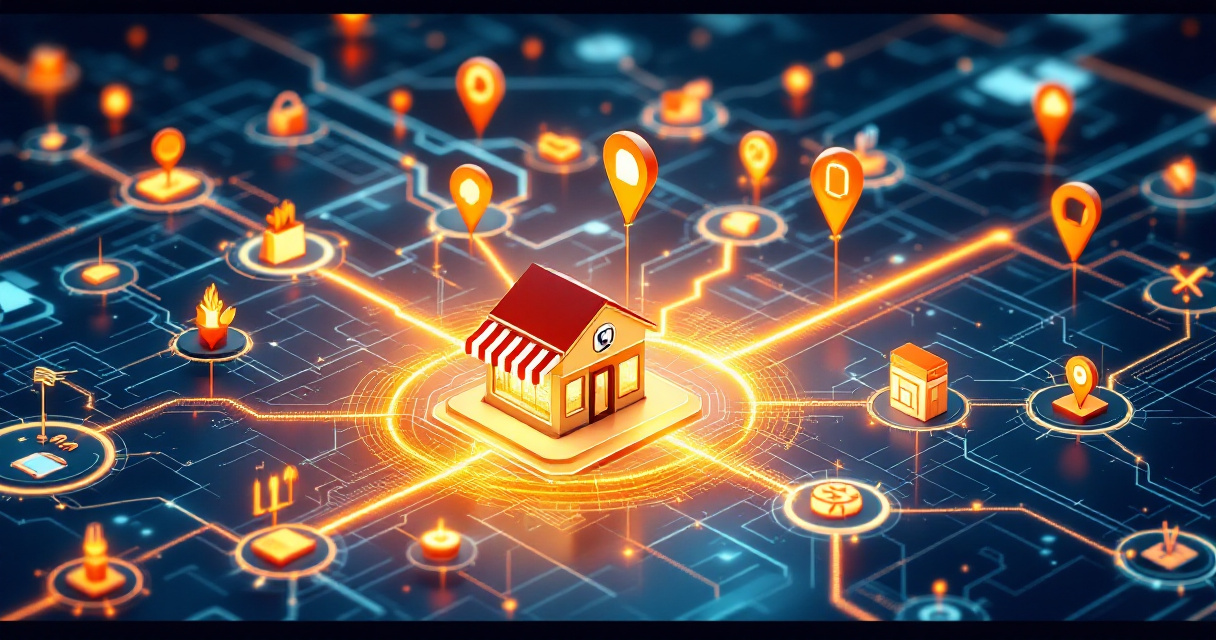 Isometric storefront connected to branching category paths on a glowing local search map network
