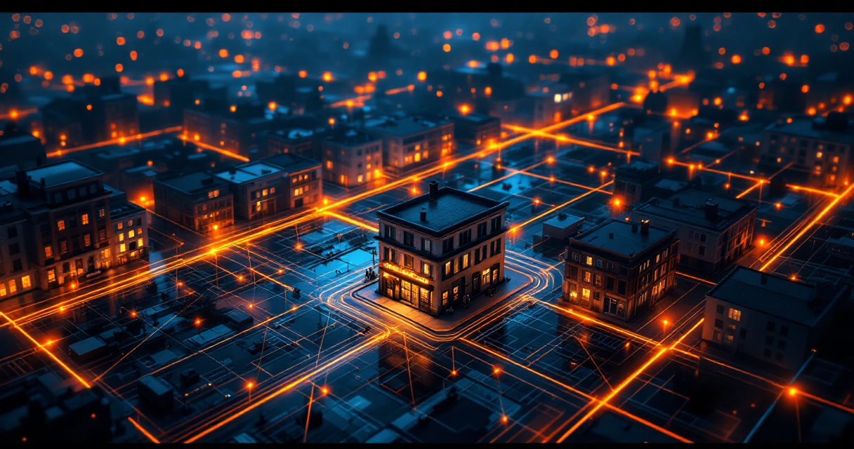 Local business connected to many buildings through glowing network lines symbolizing citations and backlinks