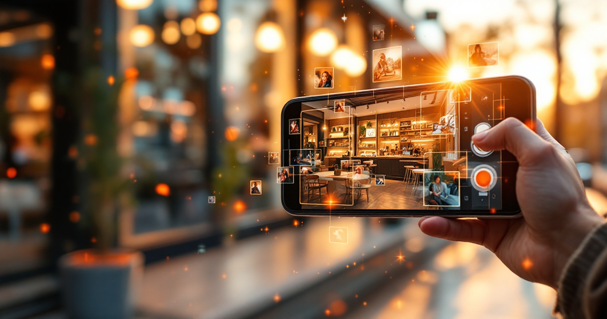 Smartphone capturing vibrant storefront media with floating visual frames representing engagement in local search