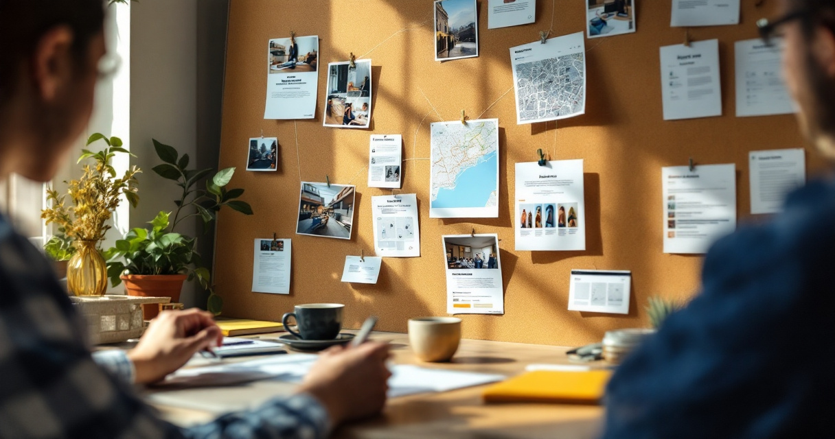 Small business owner mapping a pillar topic and supporting content cluster at a desk