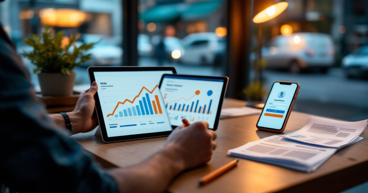 Small business owner reviewing pillar page performance with analytics and conversion signals