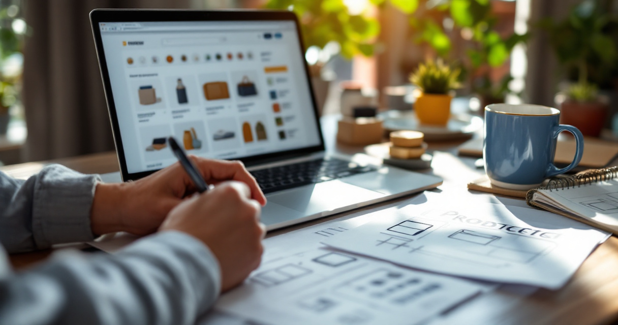 Over-the-shoulder ecommerce product page planning desk with product samples and orange accent mug
