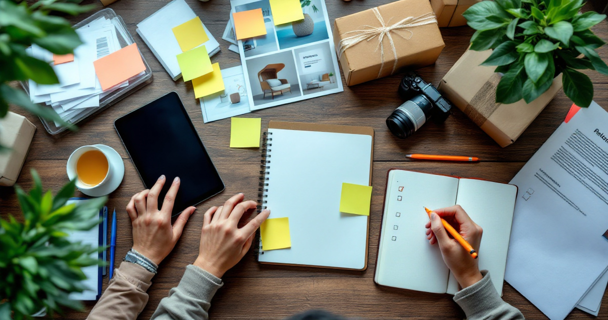 Top-down ecommerce SEO checklist workspace with product photos, tablet, and orange planning tools