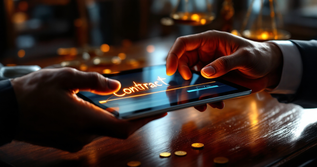 Business handoff of digital contract with balance scale symbolizing fair SEO agency pricing and transparent contract terms