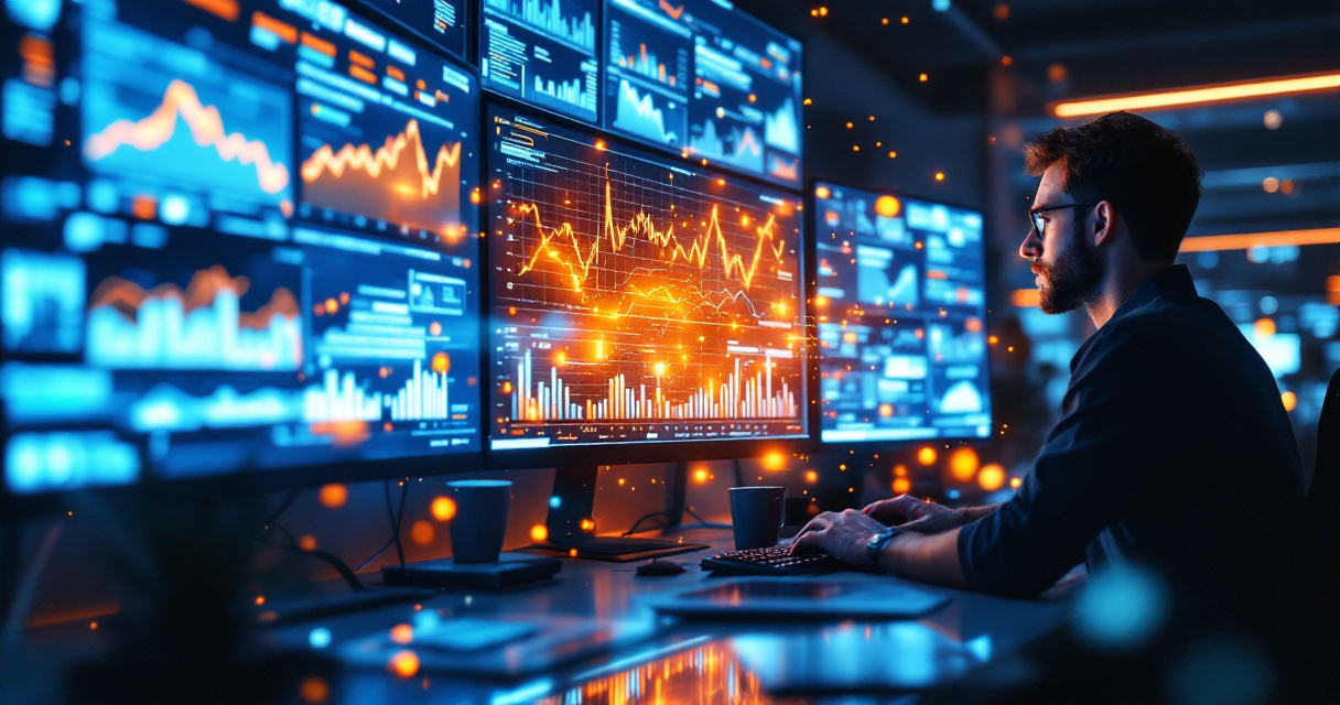 SEO analyst reviewing ranking drops on glowing data dashboards after a Google algorithm update